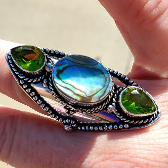 New Abalone Shell & Peridot 925 Silver Statement Ring. - Picture 6 of 16